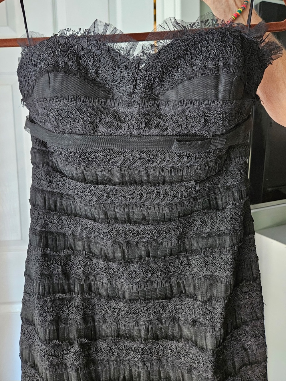 Pronovias Black Strapless Lace Layered Cocktail Dress with Ribbon Detail